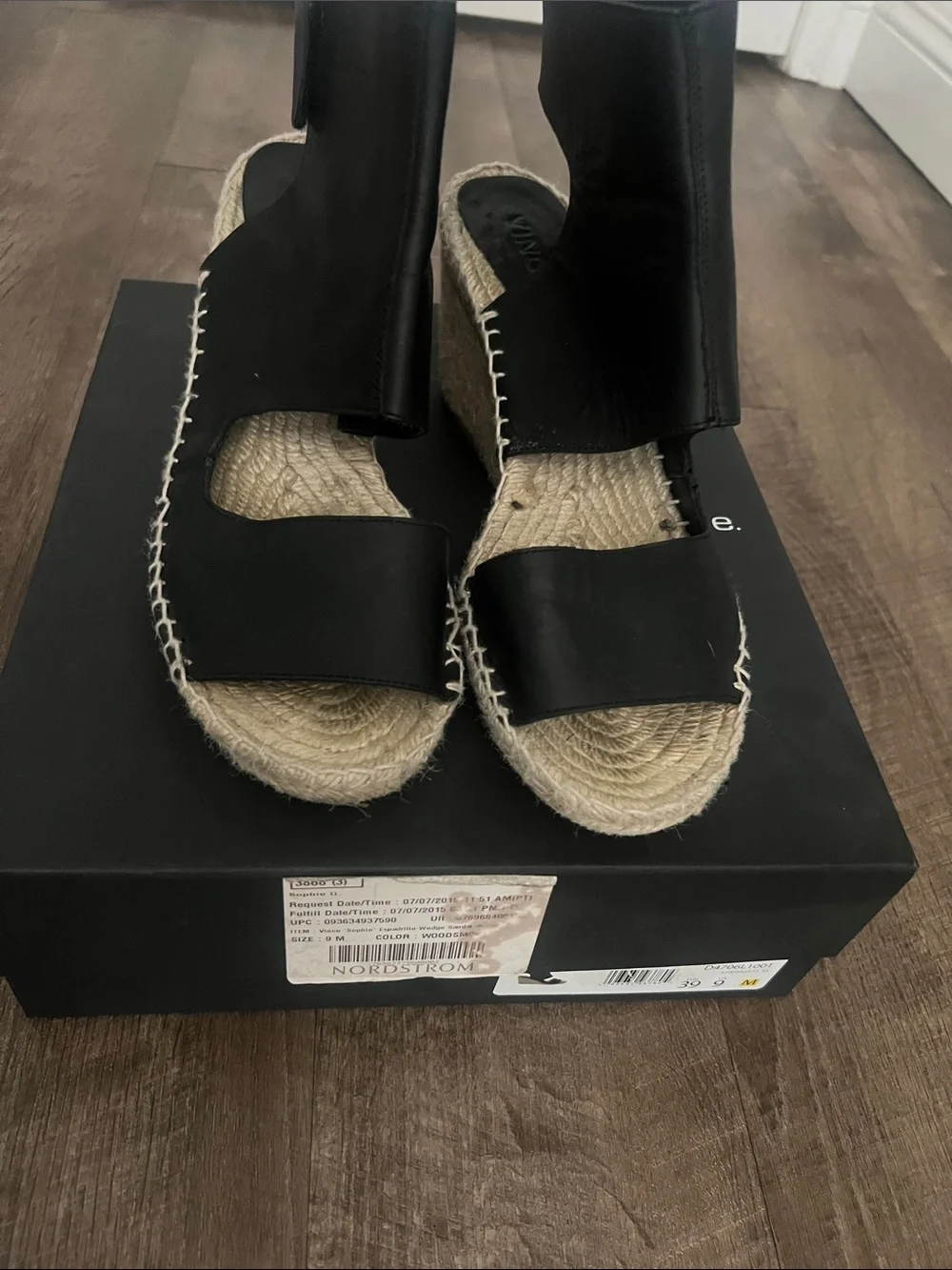 Vince Black Leather Espadrille Wedge  Sandals